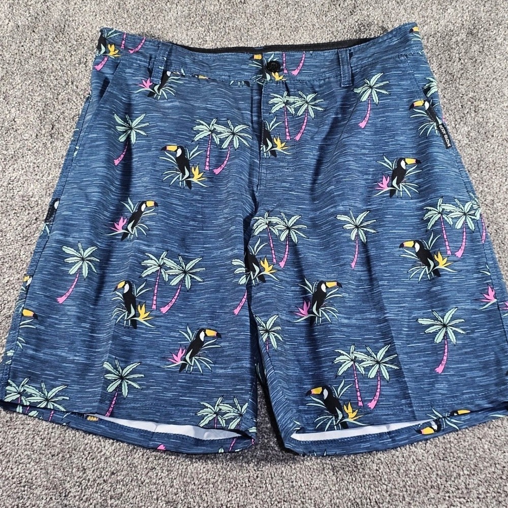 Body Glove Hybrid board Shorts Mens 36 Blue Tropical‎ Toucan Palm Tree Stretch